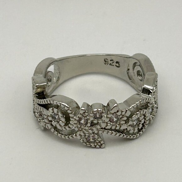 Sterling Silver 925 Wide Band Filigree Ring Clear CZ Accents Size 7 - Picture 9 of 10